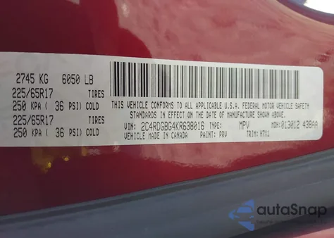 2019 Dodge Grand Caravan Se z USA, uszkodzony, nr VIN 2C4RDGBG4KR638016